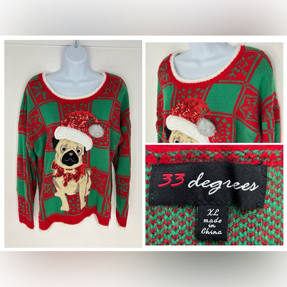 Pug Ugly Christmas Sweater Size XL‎ Dog Santa Jingle Bells Sequins Holiday Party